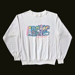 90s Vintage Canadian Arctic Sweatshirt, Hay River NWT Inukshuk, White Crewneck.